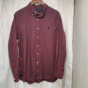 Ralph Lauren Shirt Mens Med 16.5 Classic Poplin Red Black Plaid L/S Button‎ Down